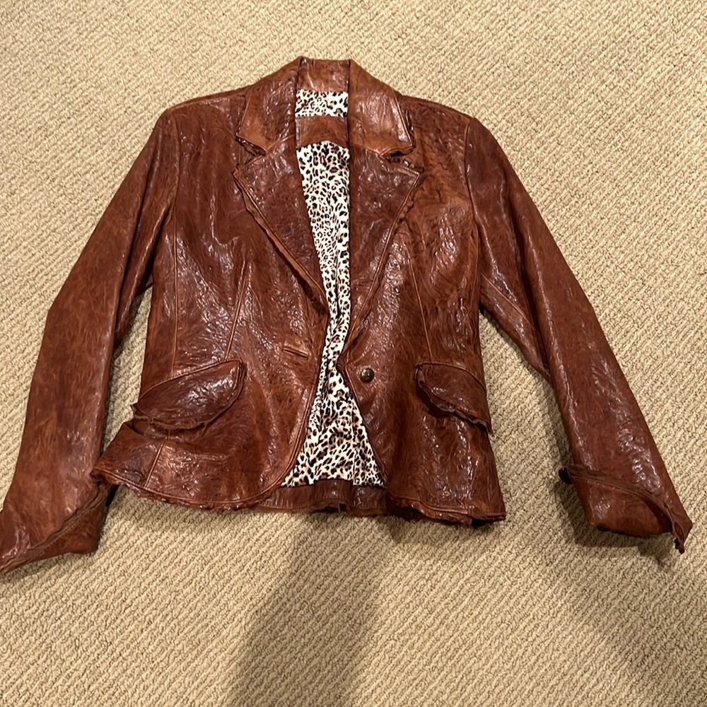 Distressed brown leather  Fleur-de-lis blazer with silk leopard lining